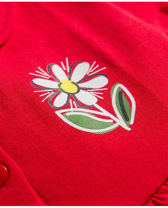 Babyhug Interlock Knit Half Sleeves Peter Pan Collared Frock with Bloomer & Floral Print - Red