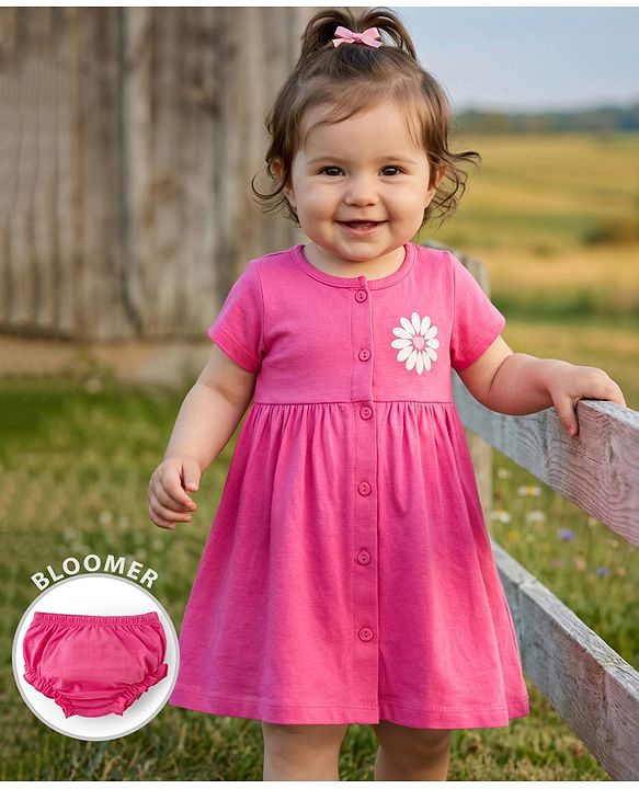 Babyhug Interlock Knit Half Sleeves Frock With Floral Print & Bloomer - Pink