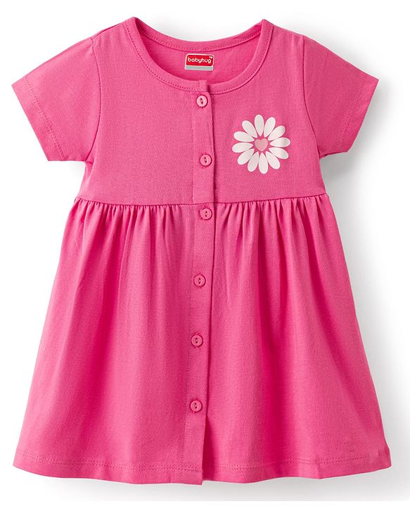 Babyhug Interlock Knit Half Sleeves Frock With Floral Print & Bloomer - Pink