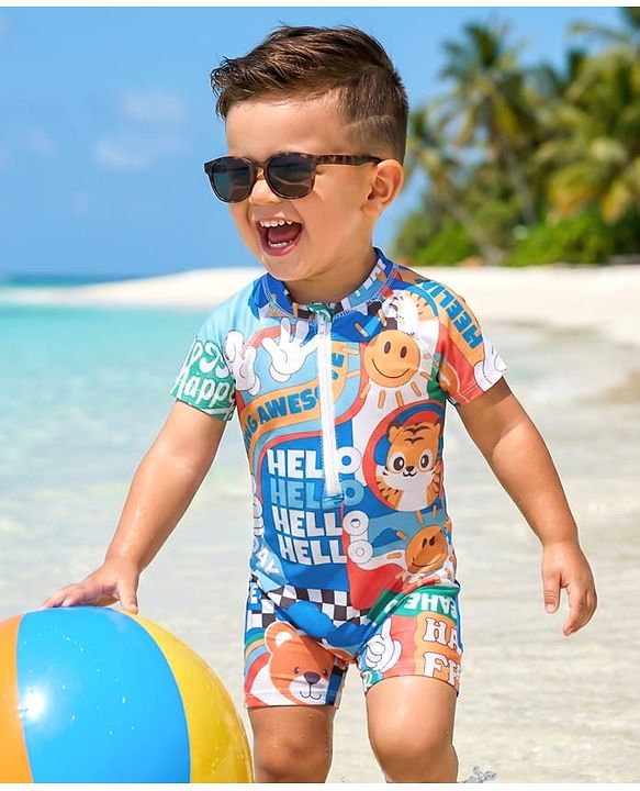 Babyhug Half Raglan Sleeves Water Repellent Animal Printed Legged Swimsuit - Multicolour