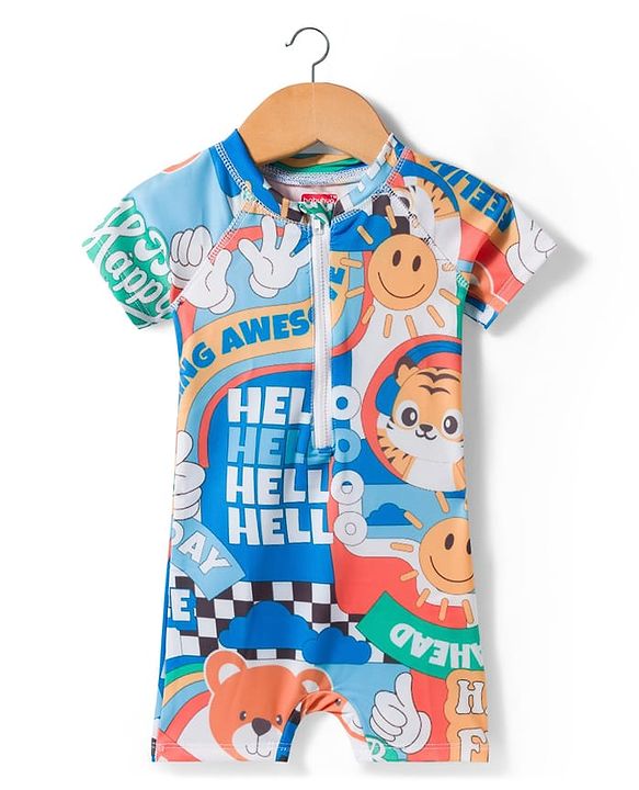 Babyhug Half Raglan Sleeves Water Repellent Animal Printed Legged Swimsuit - Multicolour