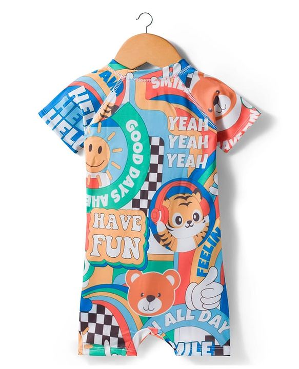 Babyhug Half Raglan Sleeves Water Repellent Animal Printed Legged Swimsuit - Multicolour