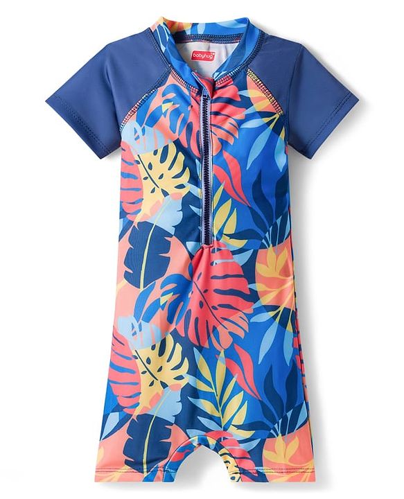 Babyhug Half Raglan Sleeves Tropical Theme Printed Legged Swimsuit - Multicolour