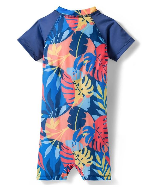 Babyhug Half Raglan Sleeves Tropical Theme Printed Legged Swimsuit - Multicolour