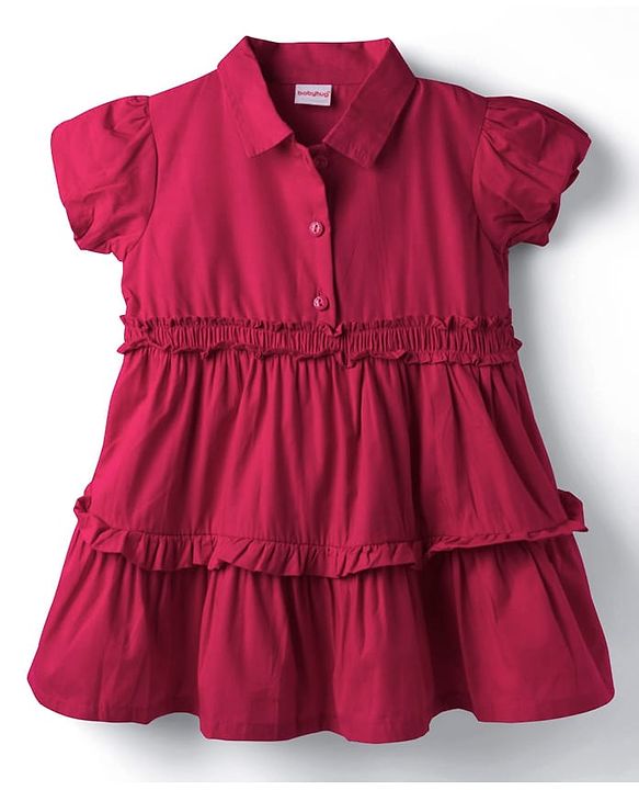 Babyhug Poplin Knit Half Sleeves Solid Frock - Dark Pink