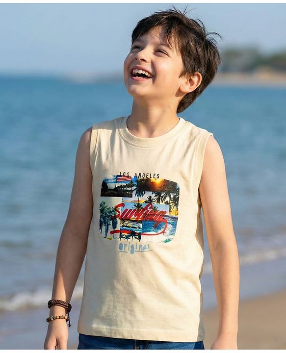 Pine Kids Cotton Knit Sleeveless Tank T-Shirt with Surfing Print - Off White