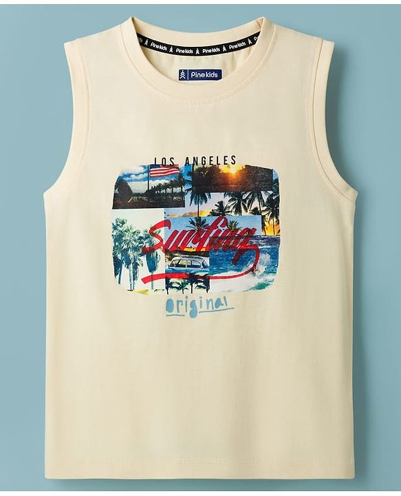 Pine Kids Cotton Knit Sleeveless Tank T-Shirt with Surfing Print - Off White