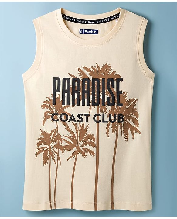 Pine Kids Cotton Knit Sleeveless Tank T-Shirt with Paradise Coast Club Print - Off White