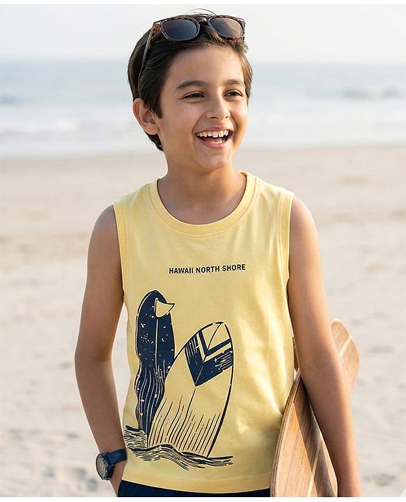 Pine Kids Cotton Knit Sleeveless T-Shirt with Surfing Print - Yellow