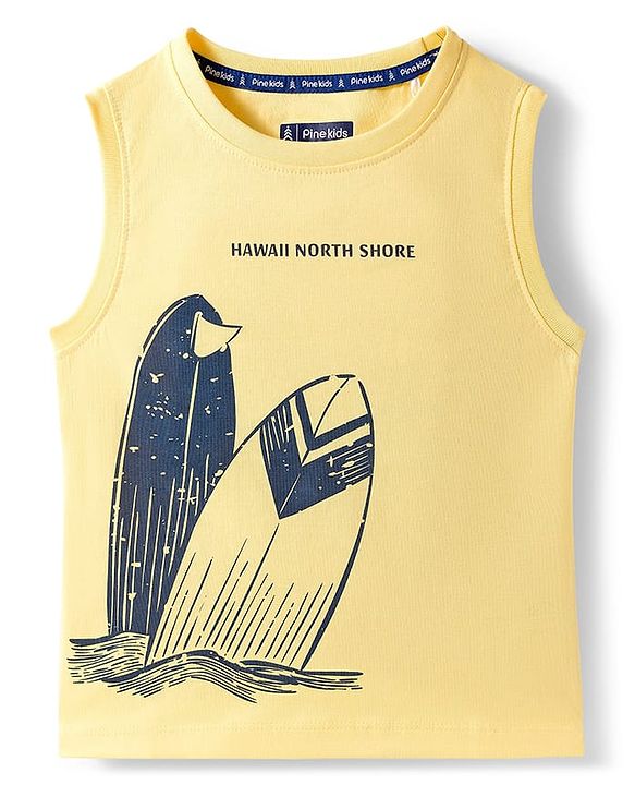 Pine Kids Cotton Knit Sleeveless T-Shirt with Surfing Print - Yellow