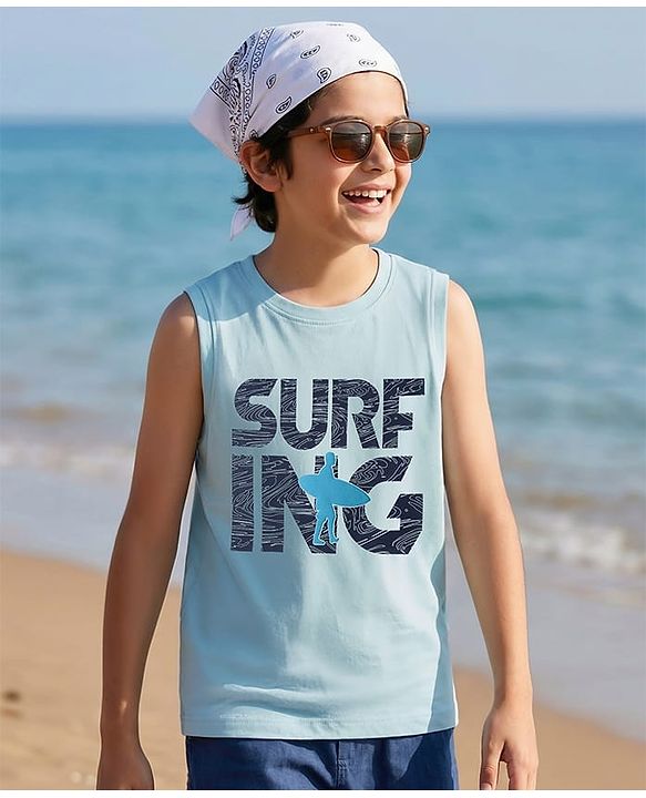 Pine Kids Cotton Knit Sleeveless Tank T-Shirt with Surfing Print - Aqua Blue