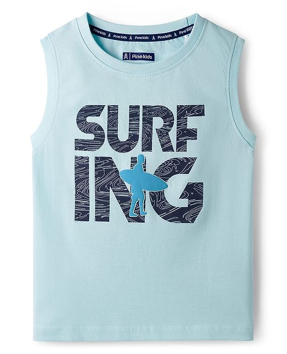 Pine Kids Cotton Knit Sleeveless Tank T-Shirt with Surfing Print - Aqua Blue