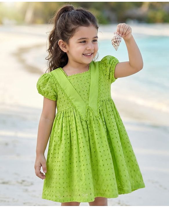 Babyhug Cotton Woven Half Puffed Sleeves Schiffili Frock - Green