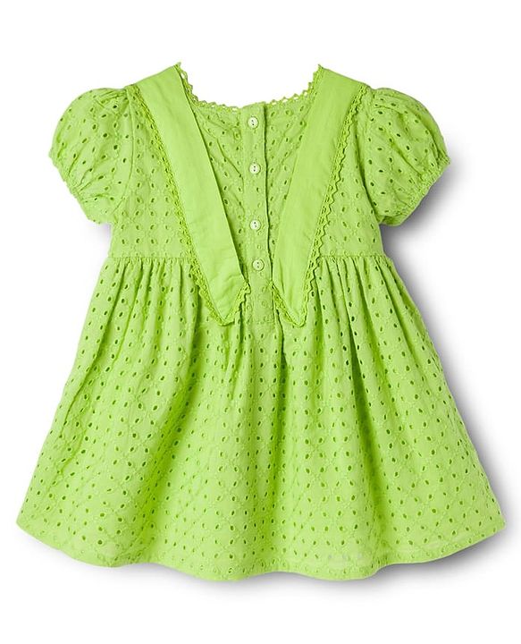 Babyhug Cotton Woven Half Puffed Sleeves Schiffili Frock - Green