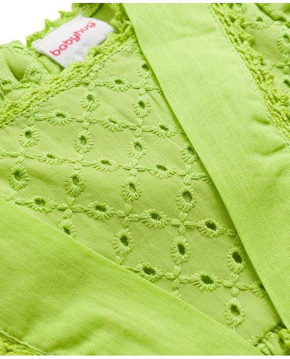 Babyhug Cotton Woven Half Puffed Sleeves Schiffili Frock - Green