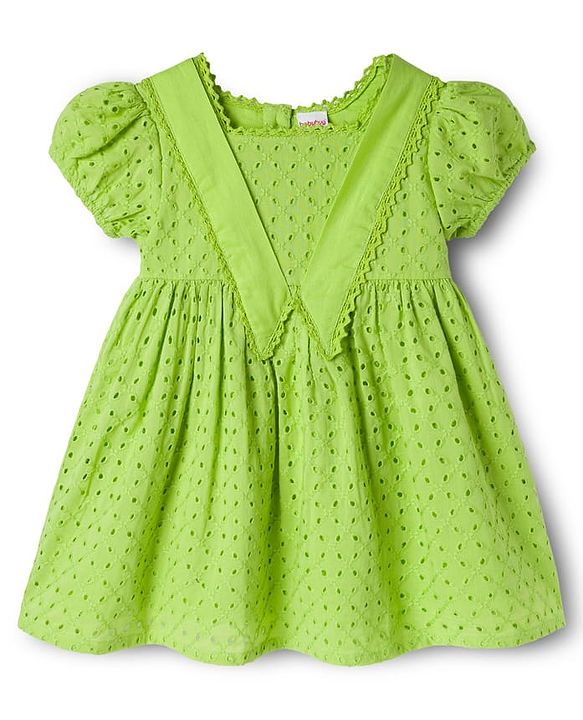 Babyhug Cotton Woven Half Puffed Sleeves Schiffili Frock - Green