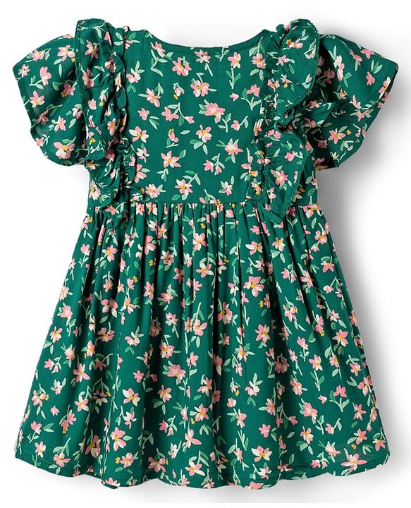 Babyhug Cotton Woven Frill Sleeves Frock With Floral Print - Green