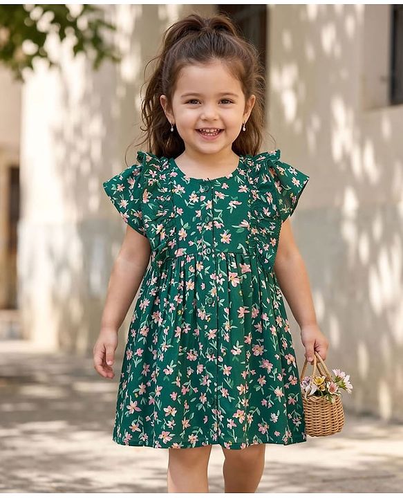 Babyhug Cotton Woven Frill Sleeves Frock With Floral Print - Green