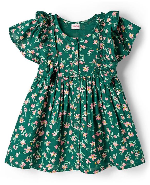 Babyhug Cotton Woven Frill Sleeves Frock With Floral Print - Green
