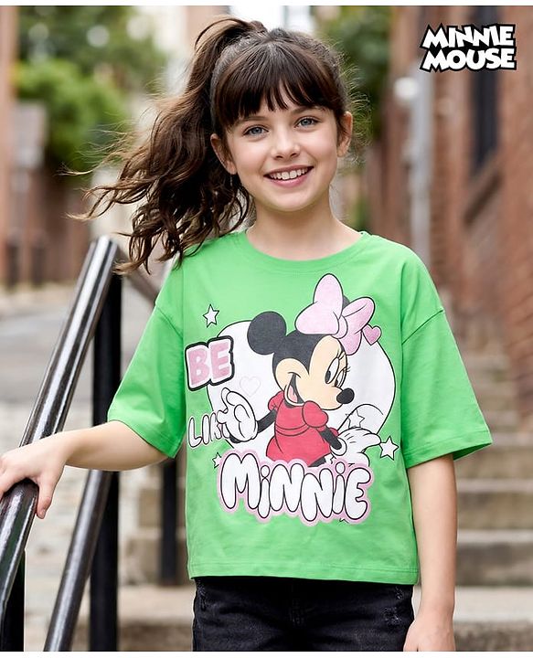 Pine Kids Disney Single Jersey Knit Drop Shoulder Half Sleeves Oversized Crop T-Shirt With Minnie Mouse Graphics - Green
