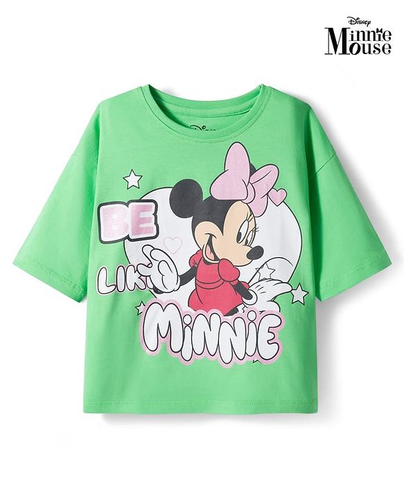 Pine Kids Disney Single Jersey Knit Drop Shoulder Half Sleeves Oversized Crop T-Shirt With Minnie Mouse Graphics - Green