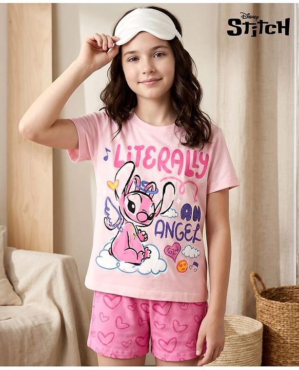 Pine Kids Disney Single Jersey Knit Half Sleeves T-Shirt & Shorts Night Suit with Lilo & Stitch Graphic - Pink