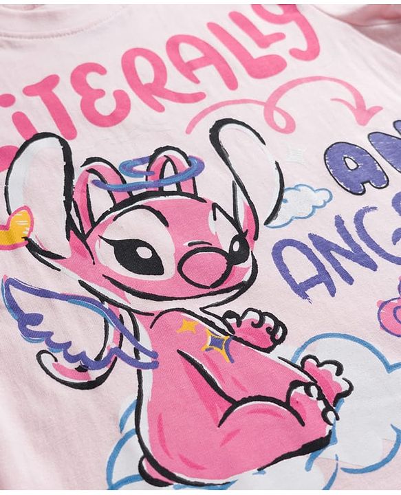 Pine Kids Disney Single Jersey Knit Half Sleeves T-Shirt & Shorts Night Suit with Lilo & Stitch Graphic - Pink