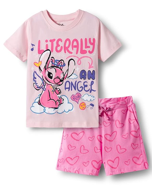 Pine Kids Disney Single Jersey Knit Half Sleeves T-Shirt & Shorts Night Suit with Lilo & Stitch Graphic - Pink