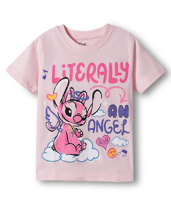 Pine Kids Disney Single Jersey Knit Half Sleeves T-Shirt & Shorts Night Suit with Lilo & Stitch Graphic - Pink