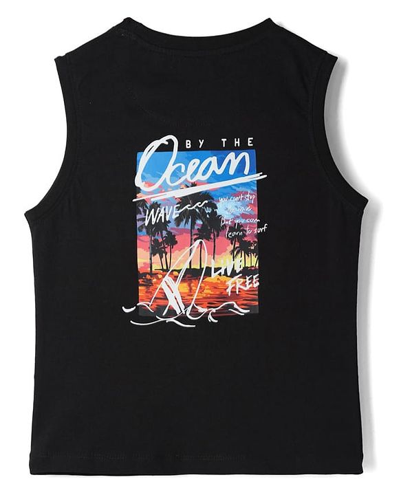 Pine Kids 100% Cotton Knit Sleeveless Tank T-Shirt WIth Beach Theme Print - Black
