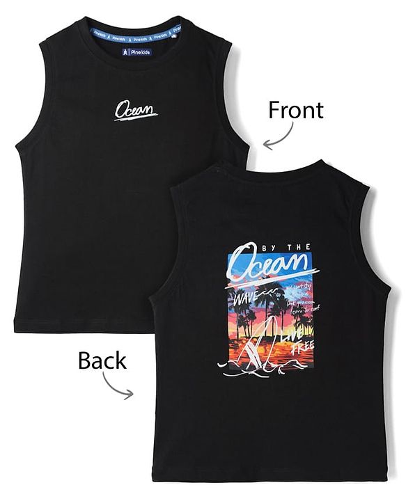 Pine Kids 100% Cotton Knit Sleeveless Tank T-Shirt WIth Beach Theme Print - Black