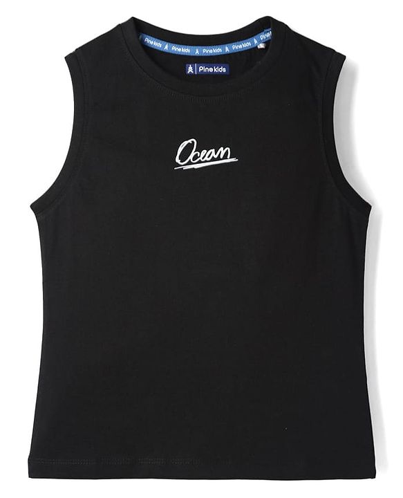 Pine Kids 100% Cotton Knit Sleeveless Tank T-Shirt WIth Beach Theme Print - Black