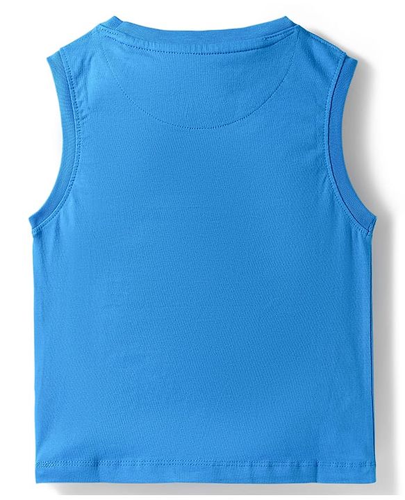 Pine Kids Cotton Knit Sleeveless T-Shirt with Good Vibes Print - Blue