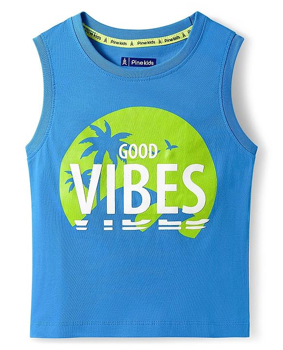 Pine Kids Cotton Knit Sleeveless T-Shirt with Good Vibes Print - Blue