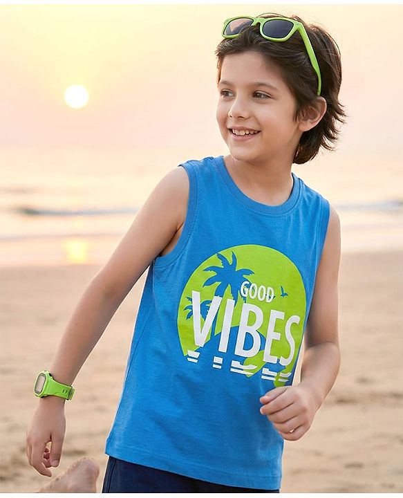 Pine Kids Cotton Knit Sleeveless T-Shirt with Good Vibes Print - Blue
