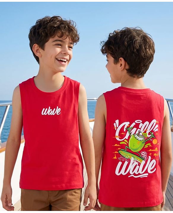 Pine Kids Cotton Knit Sleeveless T-Shirt with Wave Print - Red