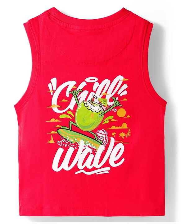 Pine Kids Cotton Knit Sleeveless T-Shirt with Wave Print - Red