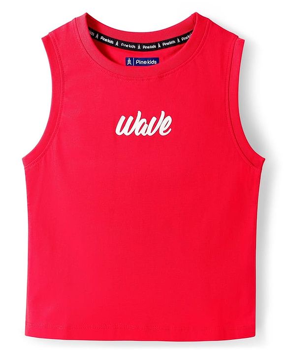 Pine Kids Cotton Knit Sleeveless T-Shirt with Wave Print - Red