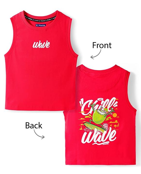 Pine Kids Cotton Knit Sleeveless T-Shirt with Wave Print - Red