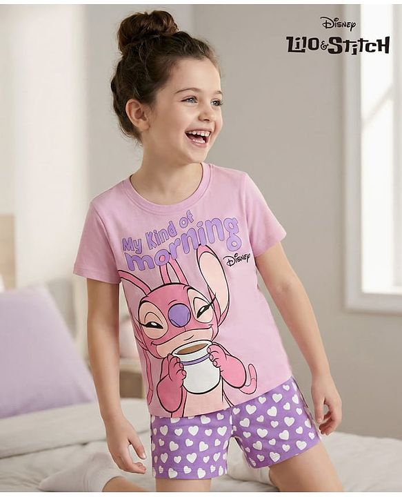 Pine Kids Disney Single Jersey Knit Half Sleeves T-Shirt & Short Night Suit With Lilo & Stitch - Purple