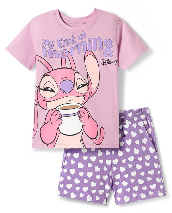 Pine Kids Disney Single Jersey Knit Half Sleeves T-Shirt & Short Night Suit With Lilo & Stitch - Purple