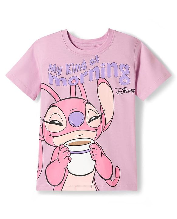 Pine Kids Disney Single Jersey Knit Half Sleeves T-Shirt & Short Night Suit With Lilo & Stitch - Purple