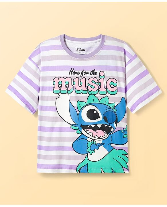 Pine Kids Disney Single Jersey Knit Drop Shoulder Half Sleeves Oversized T-Shirt & Shorts Set With Lilo & Stitch Graphics - Purple
