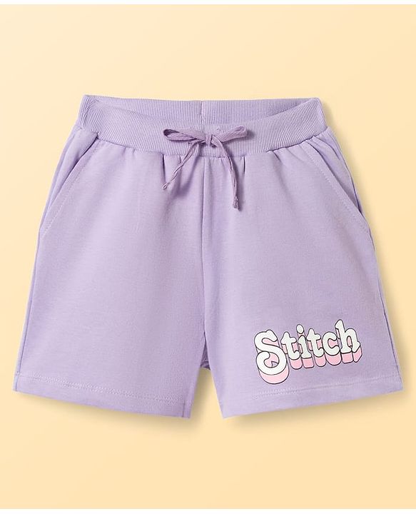 Pine Kids Disney Single Jersey Knit Drop Shoulder Half Sleeves Oversized T-Shirt & Shorts Set With Lilo & Stitch Graphics - Purple