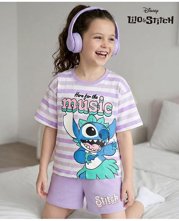 Pine Kids Disney Single Jersey Knit Drop Shoulder Half Sleeves Oversized T-Shirt & Shorts Set With Lilo & Stitch Graphics - Purple