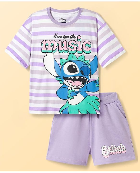 Pine Kids Disney Single Jersey Knit Drop Shoulder Half Sleeves Oversized T-Shirt & Shorts Set With Lilo & Stitch Graphics - Purple