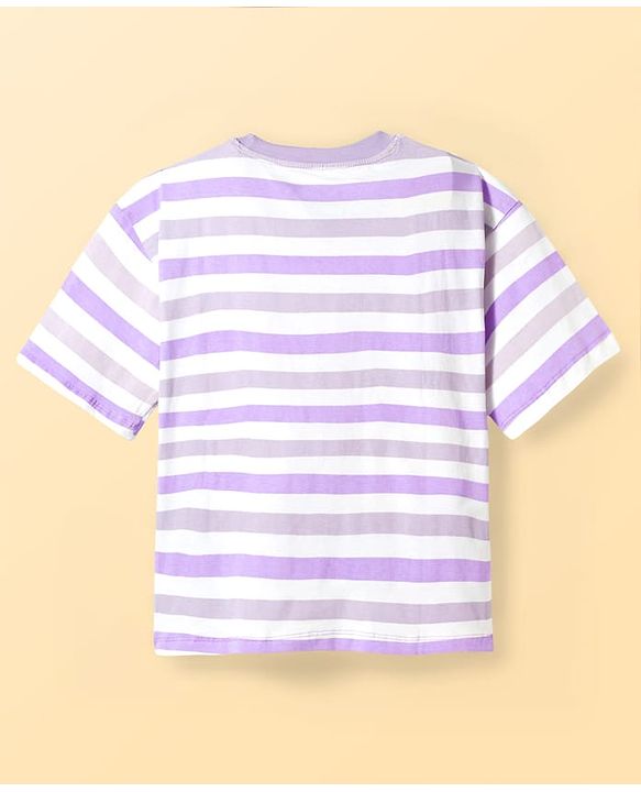 Pine Kids Disney Single Jersey Knit Drop Shoulder Half Sleeves Oversized T-Shirt & Shorts Set With Lilo & Stitch Graphics - Purple