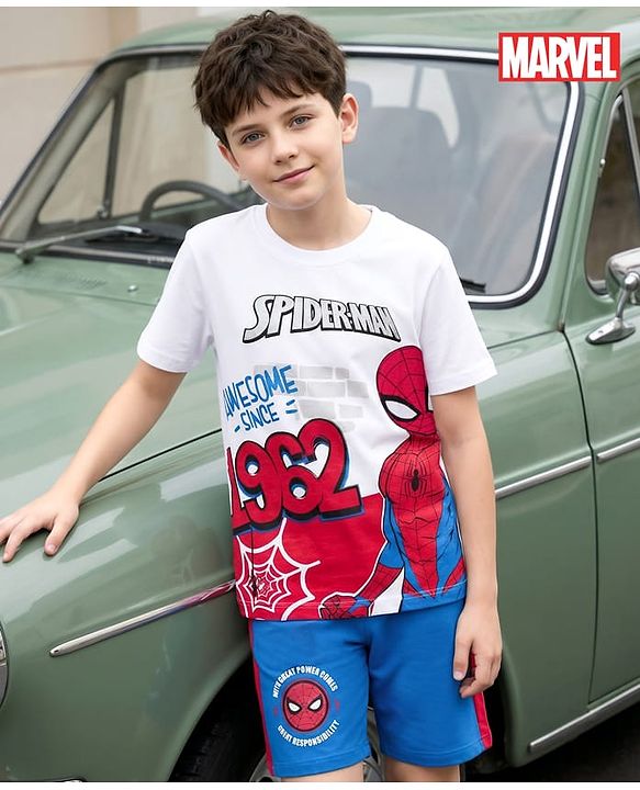 Pine Kids Marvel Single Jersey Knit Drop Shoulder Half Sleeves Oversized T-Shirt & Shorts Set With Spider-Man Graphics - Multicolor