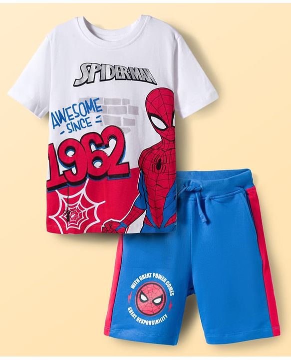 Pine Kids Marvel Single Jersey Knit Drop Shoulder Half Sleeves Oversized T-Shirt & Shorts Set With Spider-Man Graphics - Multicolor