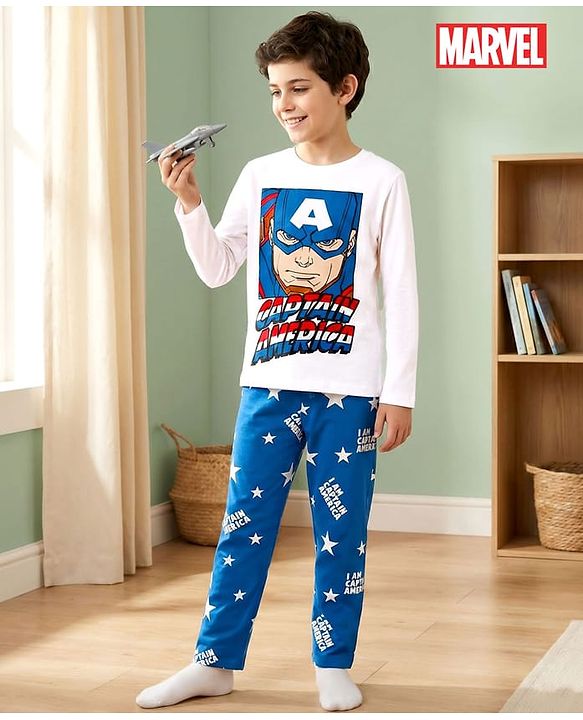Pine Kids Marvel Single Jersey Knit Full Sleeves T-Shirt & Pajama Night Suit With Captain America Print - White & Navy Blue